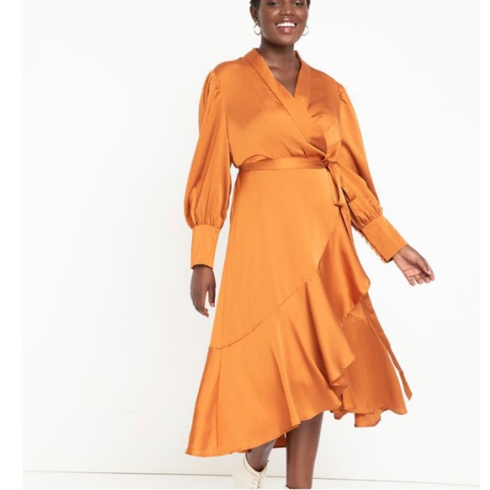 Orange eloquii plus bishop sleeve wrap dress